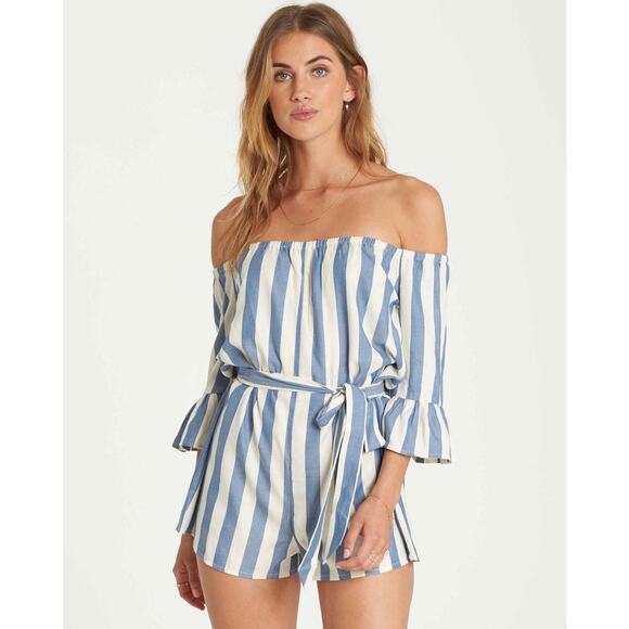 Billabong Pants - Billabong Romper Women Medium Blue White Striped Ruffle Off The Shoulder Beach